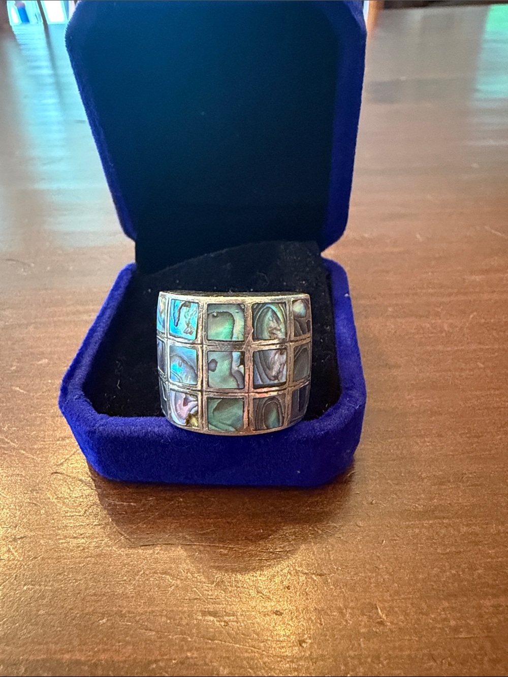 Wide Abalone Inlay Statement Ring in Iridescent Green-Blue AS-IS